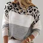 Damen Strickpullover mit Color-Block-Design und Leopardenmuster