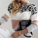 Damen Strickpullover mit Color-Block-Design und Leopardenmuster