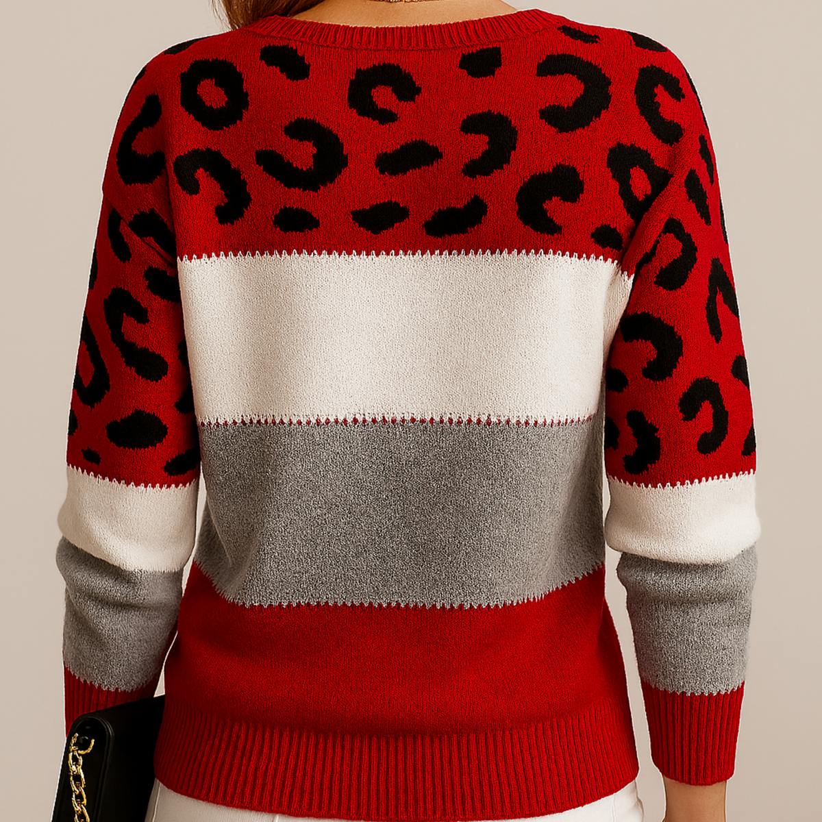 Damen Strickpullover mit Color-Block-Design und Leopardenmuster