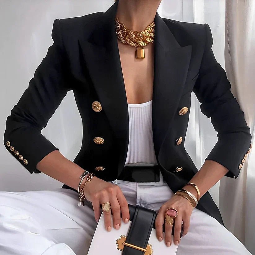Damen Taillierter Zweireiher Blazer mit Goldknöpfen und Strukturierten Schultern