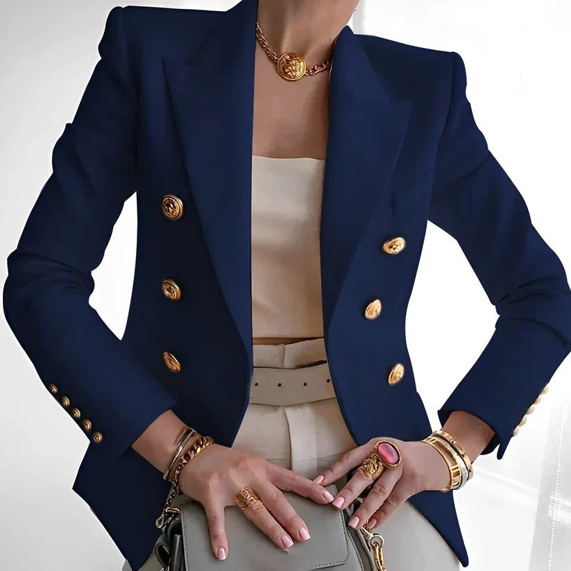 Damen Taillierter Zweireiher Blazer mit Goldknöpfen und Strukturierten Schultern