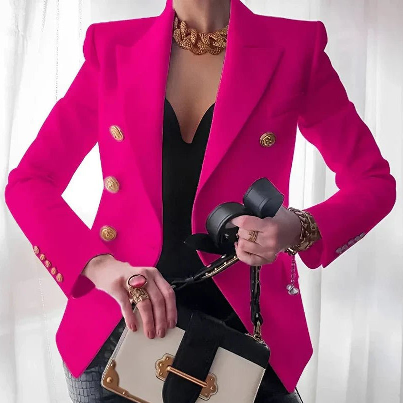 Damen Taillierter Zweireiher Blazer mit Goldknöpfen und Strukturierten Schultern