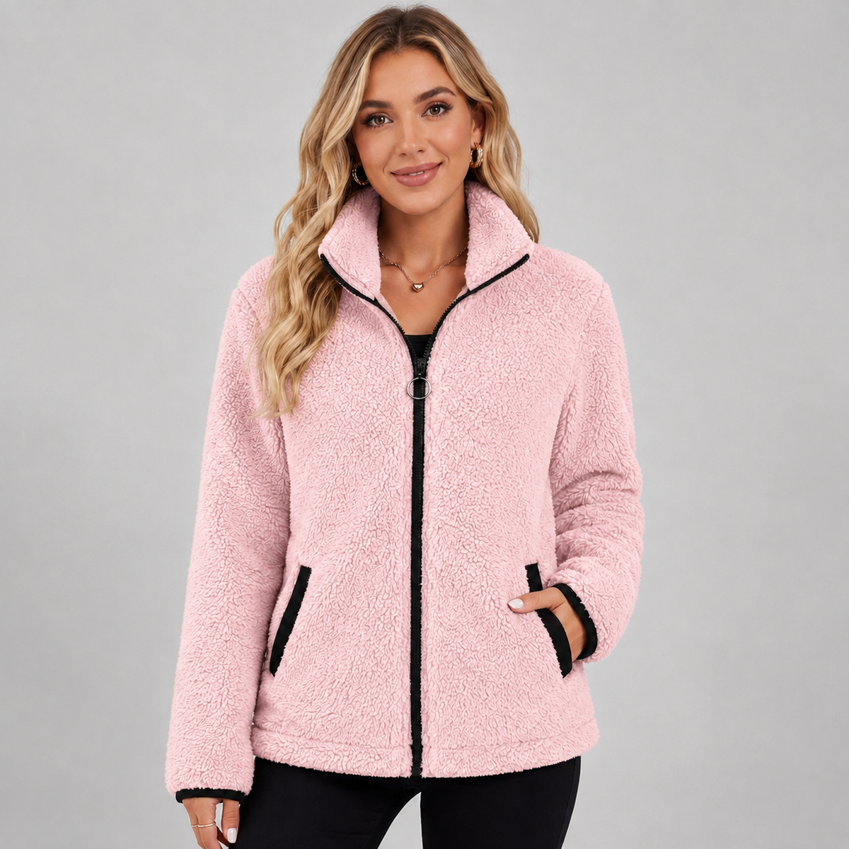 Damen Teddy-Fleecejacke mit Stehkragen – Kuschelige Plüschjacke mit Reißverschluss, Herbst Winter