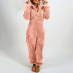 Damen Teddy Onesie mit Kapuze und Bärenohren – Flauschiger Plüsch Jumpsuit mit Reißverschluss, Winter