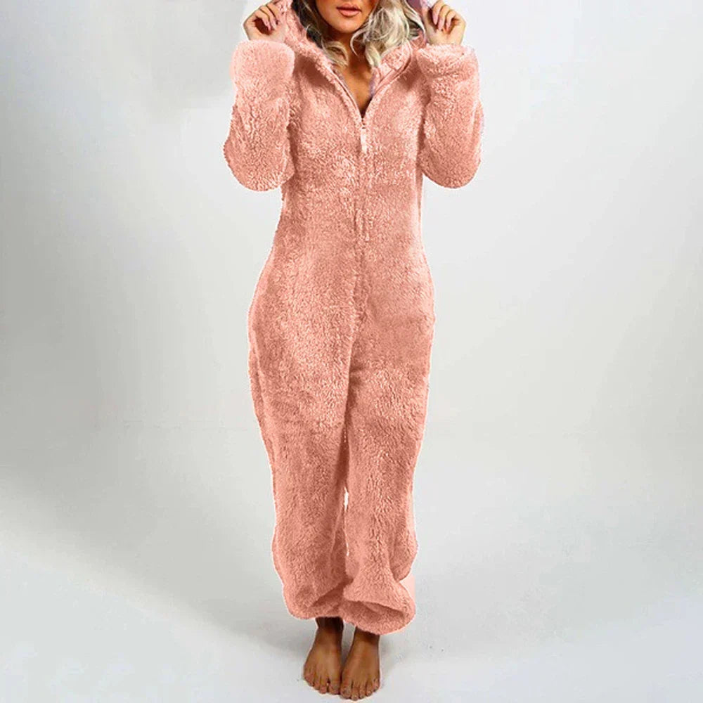 Damen Teddy Onesie mit Kapuze und Bärenohren – Flauschiger Plüsch Jumpsuit mit Reißverschluss, Winter