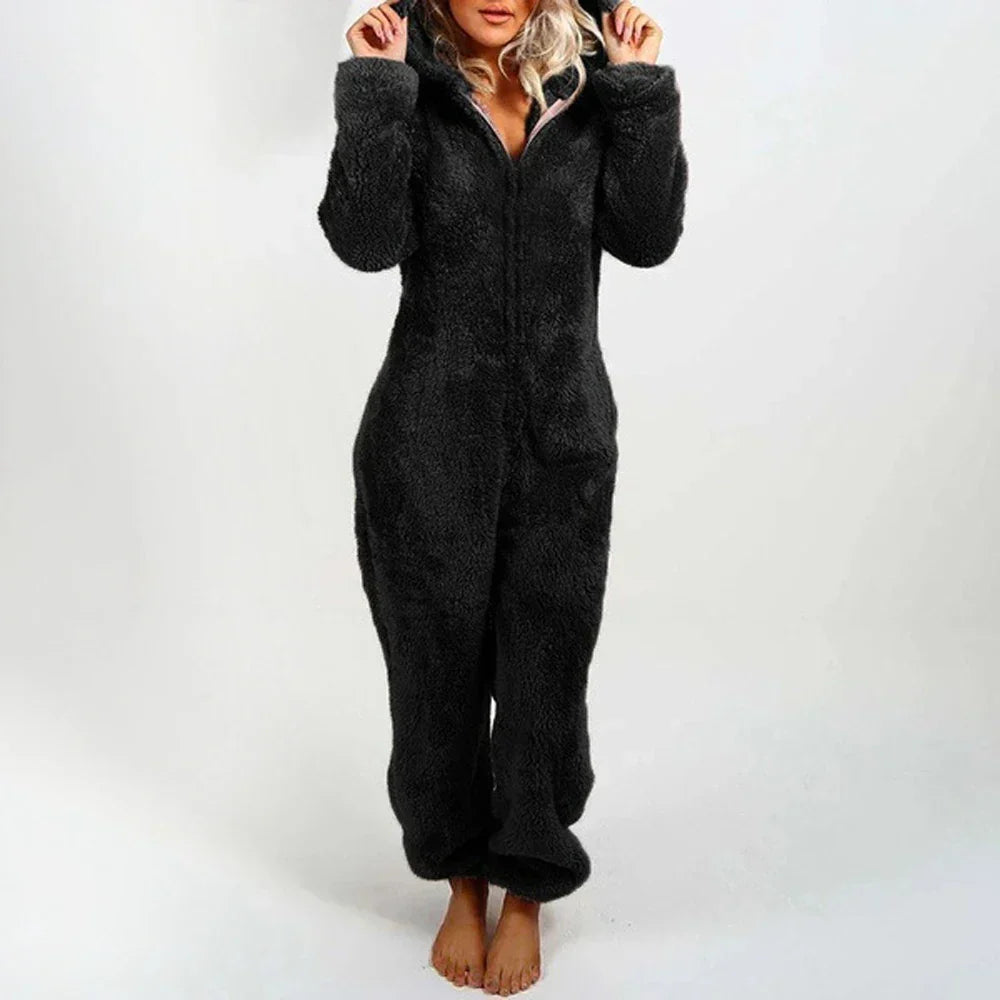 Damen Teddy Onesie mit Kapuze und Bärenohren – Flauschiger Plüsch Jumpsuit mit Reißverschluss, Winter