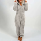 Damen Teddy Onesie mit Kapuze und Bärenohren – Flauschiger Plüsch Jumpsuit mit Reißverschluss, Winter