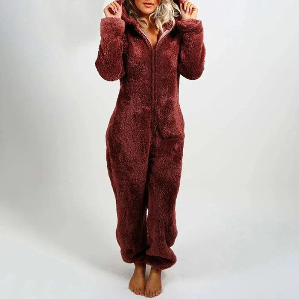 Damen Teddy Onesie mit Kapuze und Bärenohren – Flauschiger Plüsch Jumpsuit mit Reißverschluss, Winter