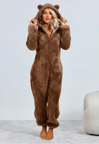 Damen Teddy Onesie mit Kapuze und Bärenohren – Flauschiger Plüsch Jumpsuit mit Reißverschluss, Winter
