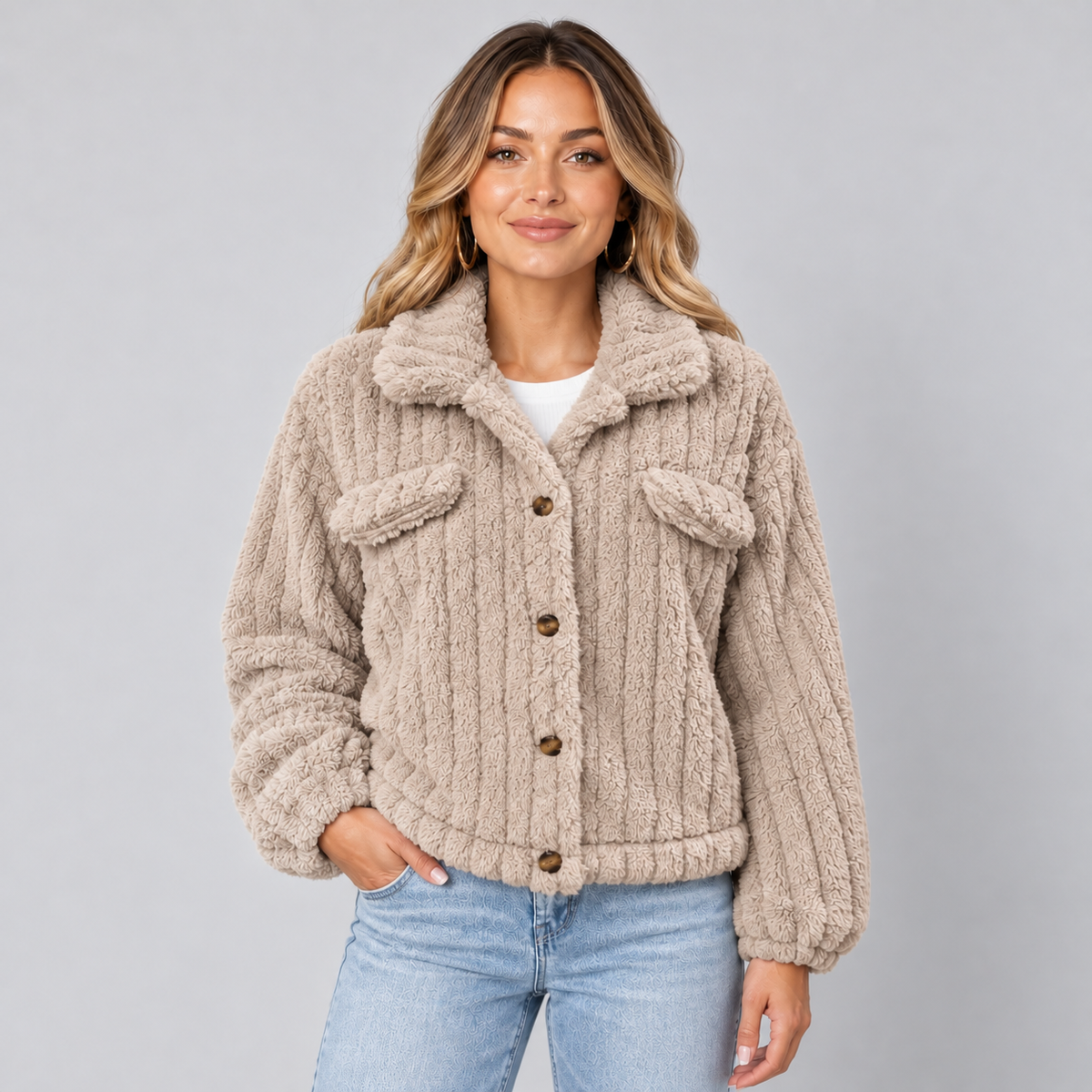 Damen Teddyjacke mit Knopfleiste – Kurze Borg-Fleece Jacke mit Hemdkragen, Herbst Winter