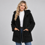 Damen Teddymantel mit Kapuze – Kuscheliger Borg-Mantel mit Reißverschluss und Taschen, Herbst Winter