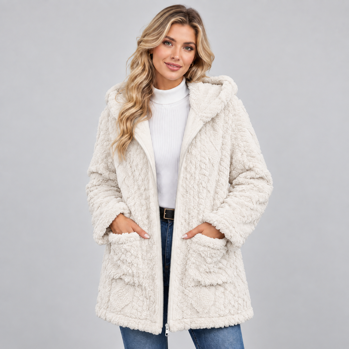 Damen Teddymantel mit Kapuze – Kuscheliger Borg-Mantel mit Reißverschluss und Taschen, Herbst Winter
