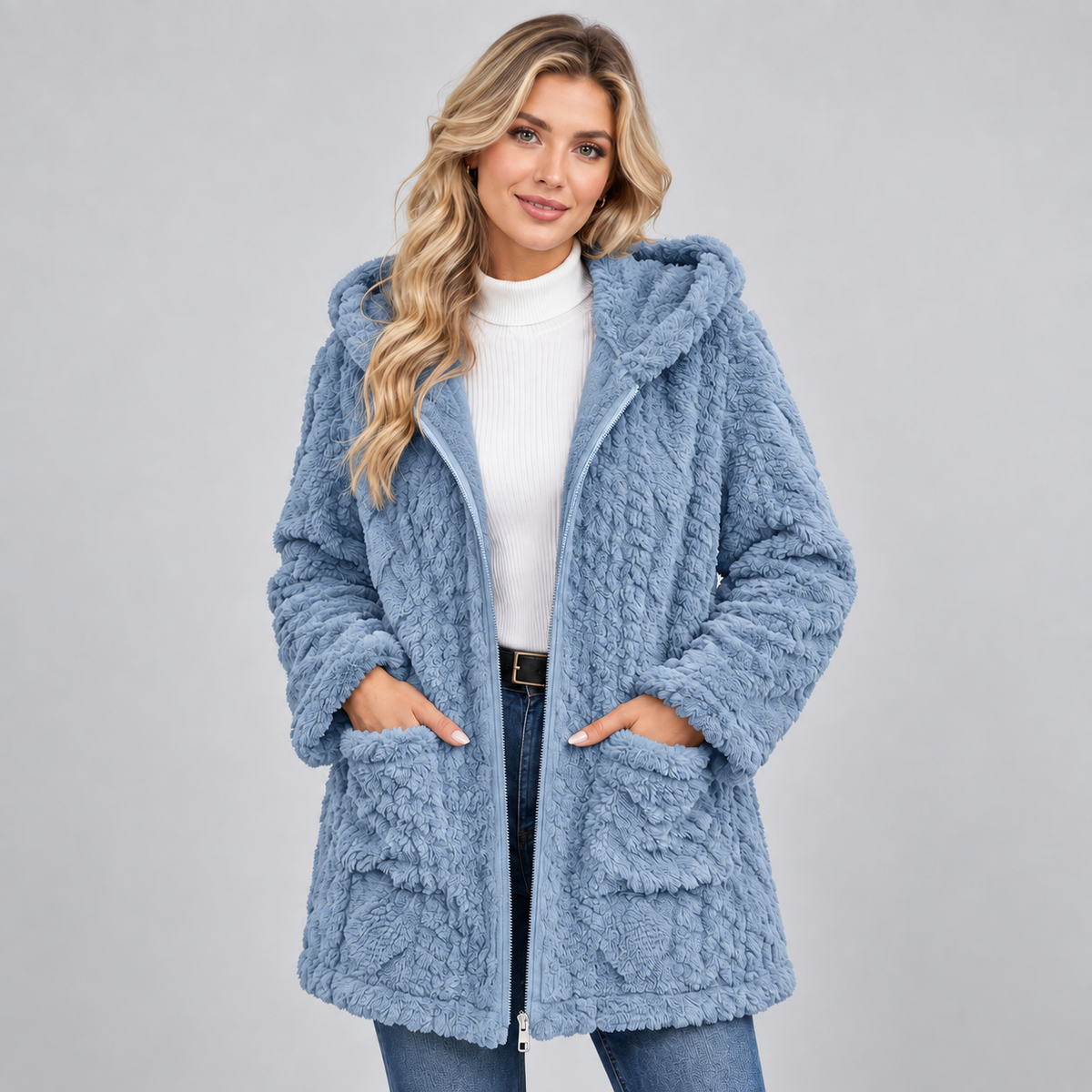 Damen Teddymantel mit Kapuze – Kuscheliger Borg-Mantel mit Reißverschluss und Taschen, Herbst Winter