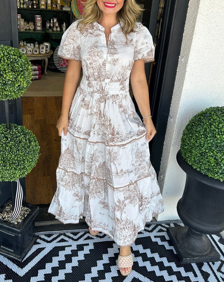 Damen Toile Maxikleid Hochzeitskleid für Hochzeitsgäste mit V-Ausschnitt und Stufenrock