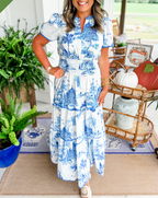 Damen Toile Maxikleid Hochzeitskleid für Hochzeitsgäste mit V-Ausschnitt und Stufenrock