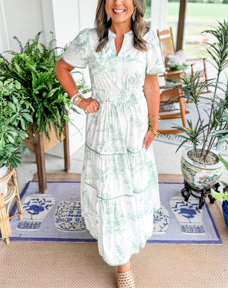 Damen Toile Maxikleid Hochzeitskleid für Hochzeitsgäste mit V-Ausschnitt und Stufenrock