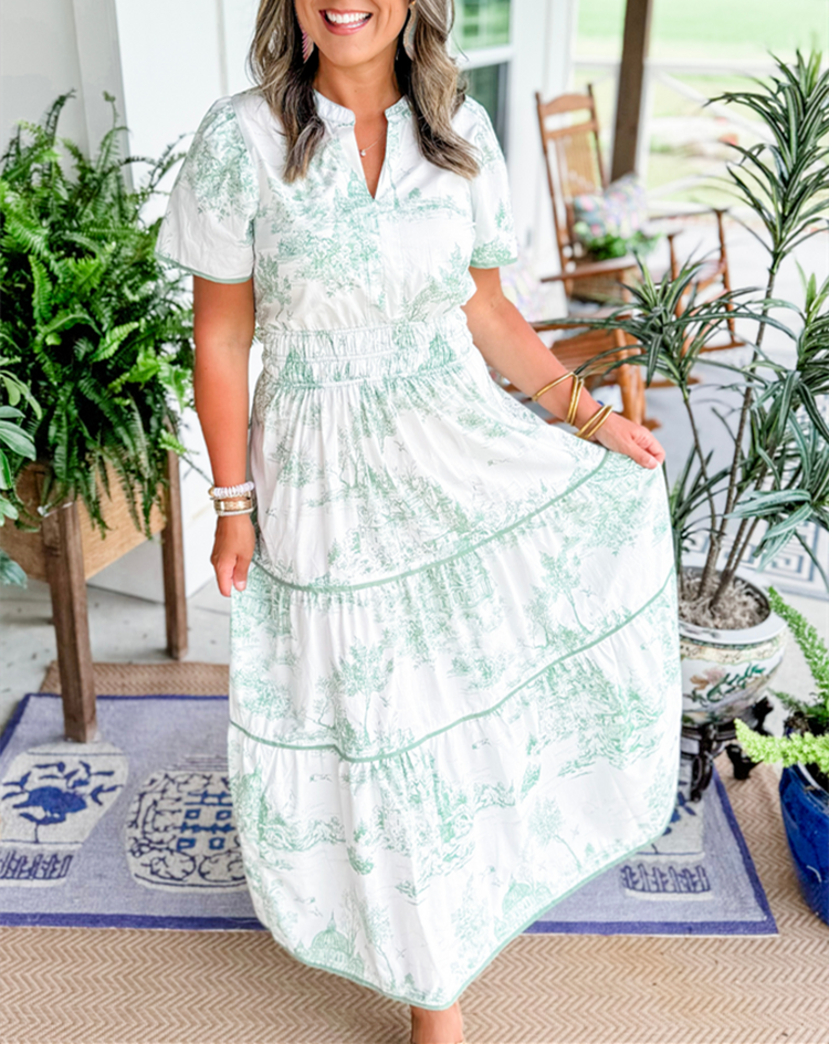 Damen Toile Maxikleid Hochzeitskleid für Hochzeitsgäste mit V-Ausschnitt und Stufenrock