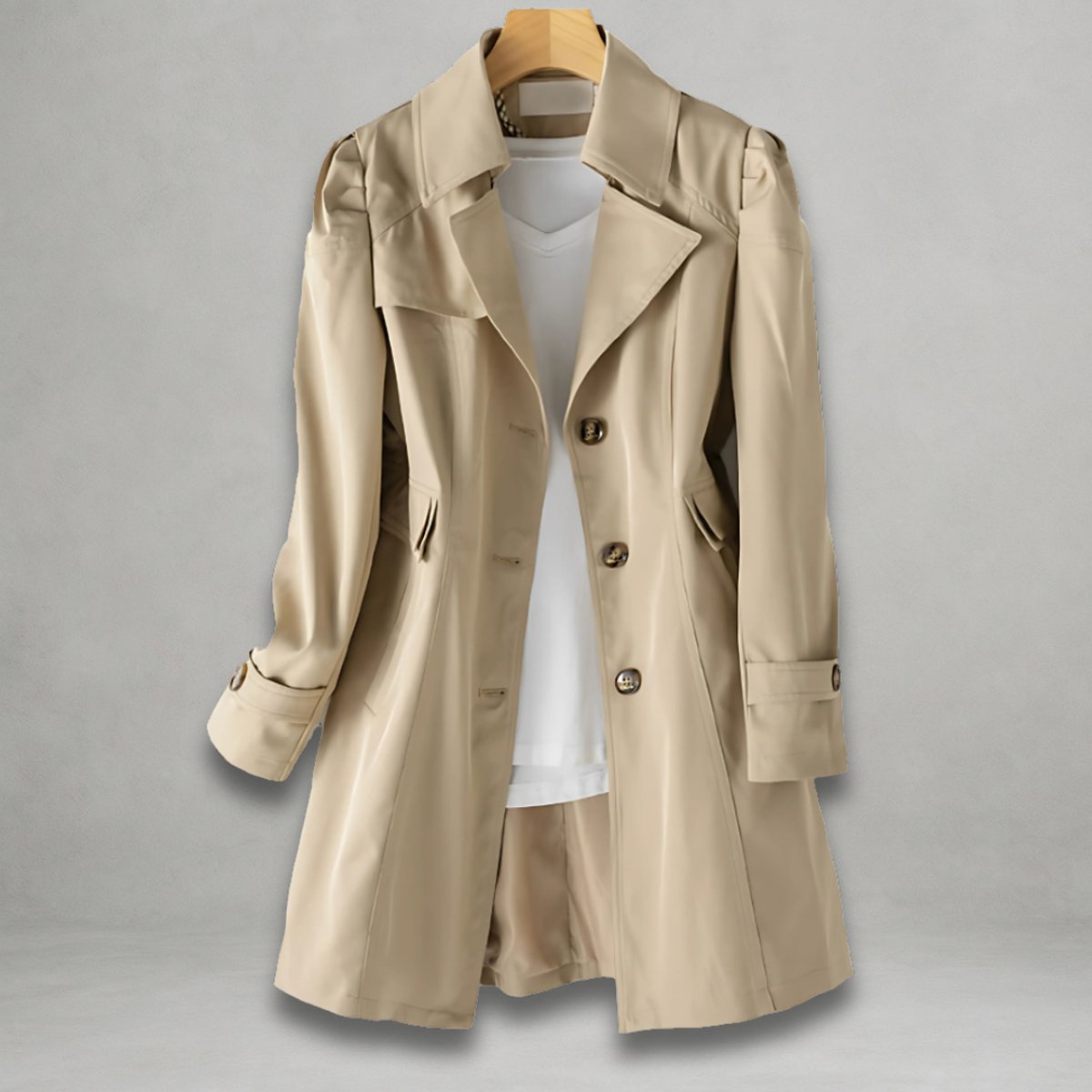 Damen Trenchcoat aus Baumwoll-Nylon mit Umklappkragen, Knopfverschluss und Seitentaschen
