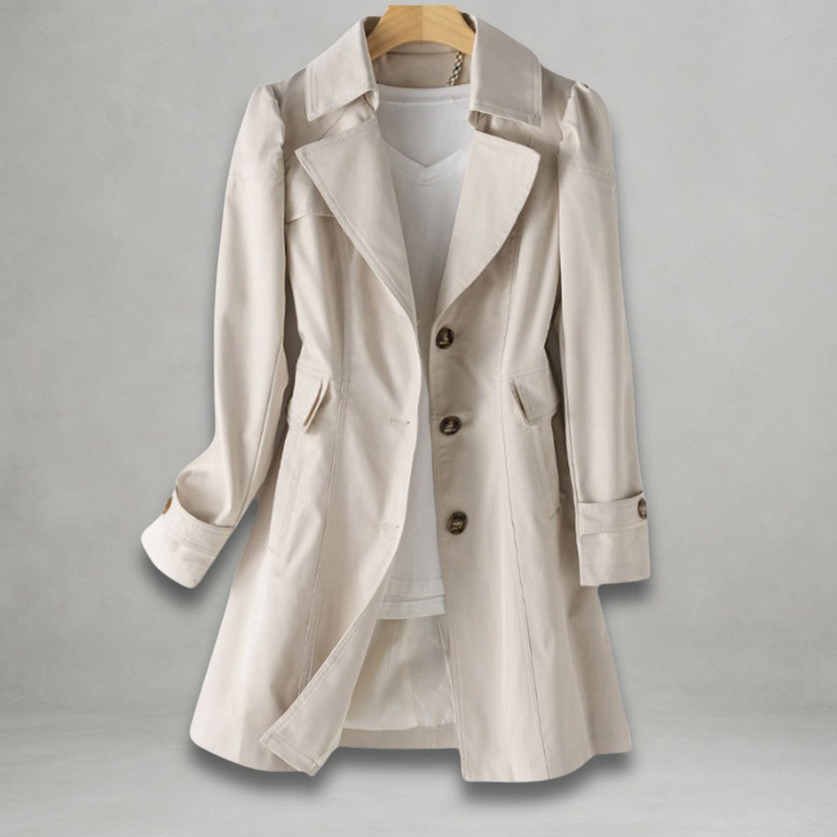 Damen Trenchcoat aus Baumwoll-Nylon mit Umklappkragen, Knopfverschluss und Seitentaschen