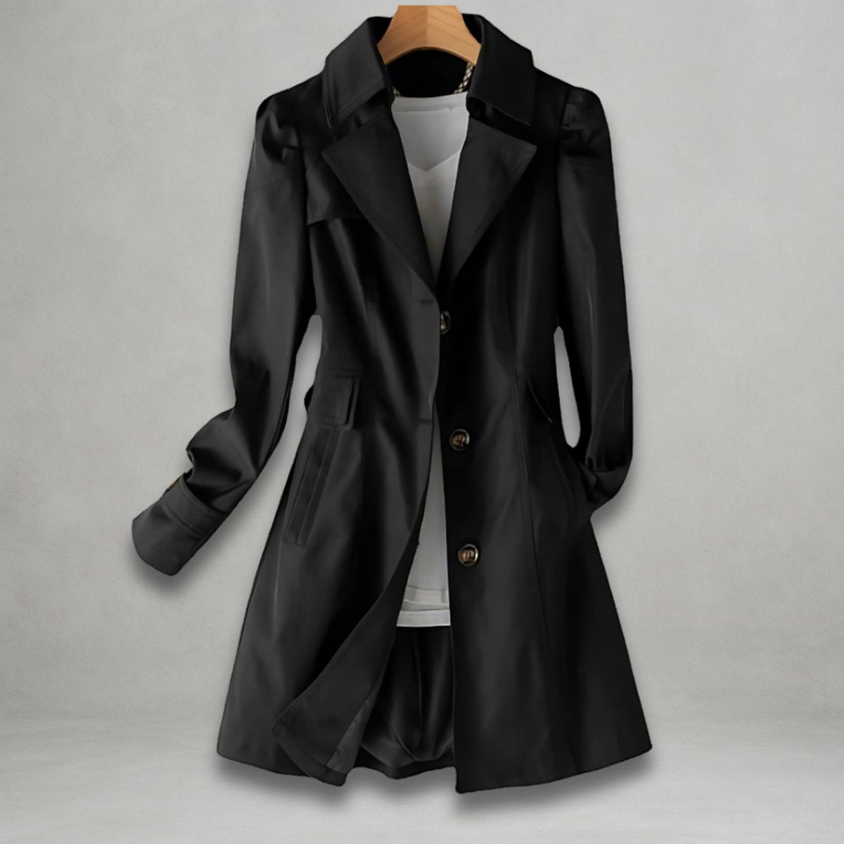 Damen Trenchcoat aus Baumwoll-Nylon mit Umklappkragen, Knopfverschluss und Seitentaschen