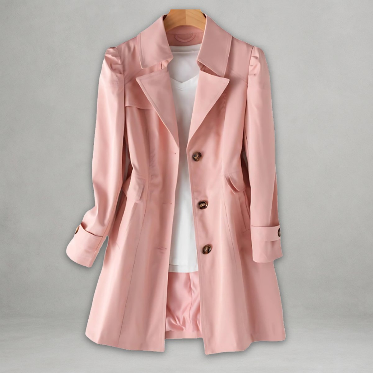 Damen Trenchcoat aus Baumwoll-Nylon mit Umklappkragen, Knopfverschluss und Seitentaschen