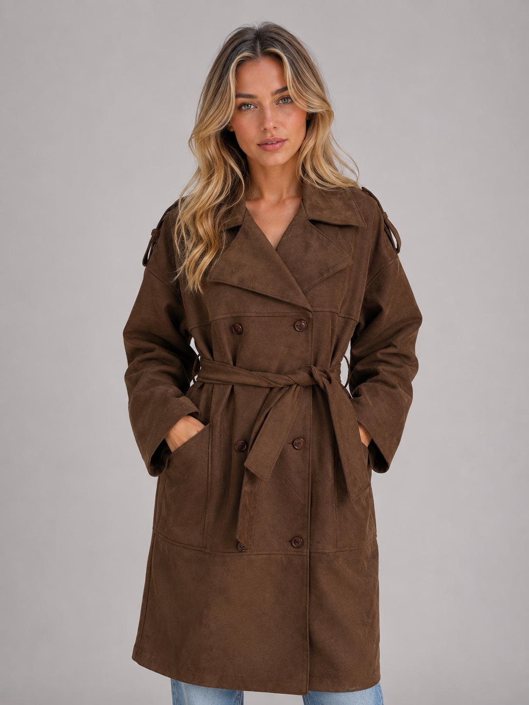 Damen Trenchcoat Braun in Wildlederoptik – Langer Mantel mit Bindegürtel und Doppelknopfleiste, Herbst