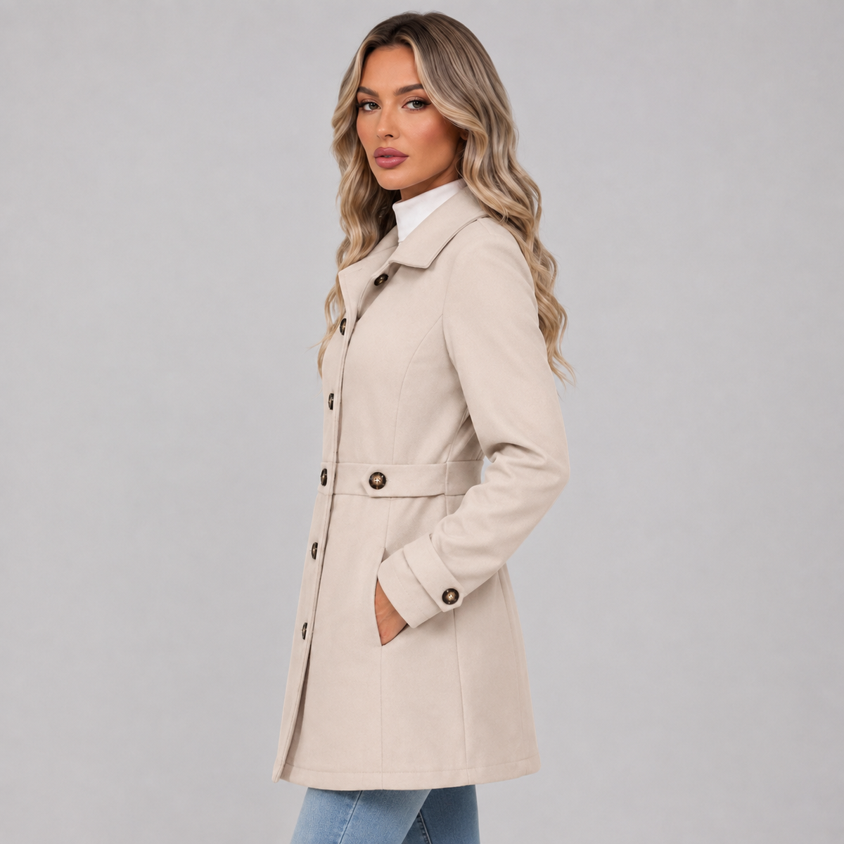 Damen Taillierter Mantel mit Bindegürtel und Reverskragen – Eleganter Übergangsmantel, Herbst Winter