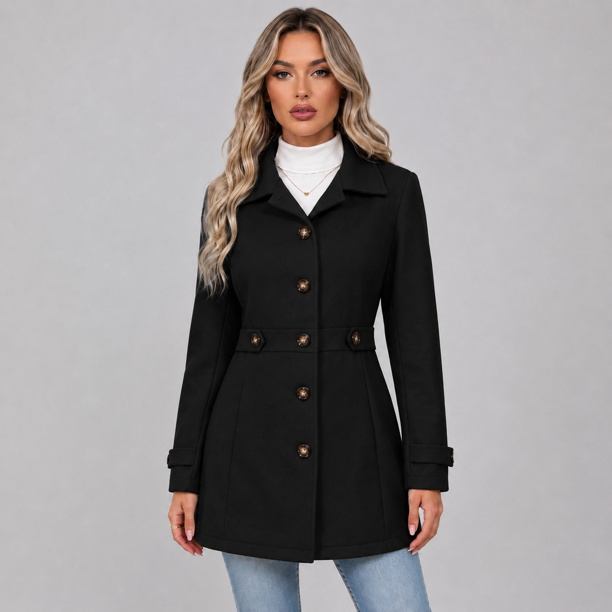 Damen Taillierter Mantel mit Bindegürtel und Reverskragen – Eleganter Übergangsmantel, Herbst Winter