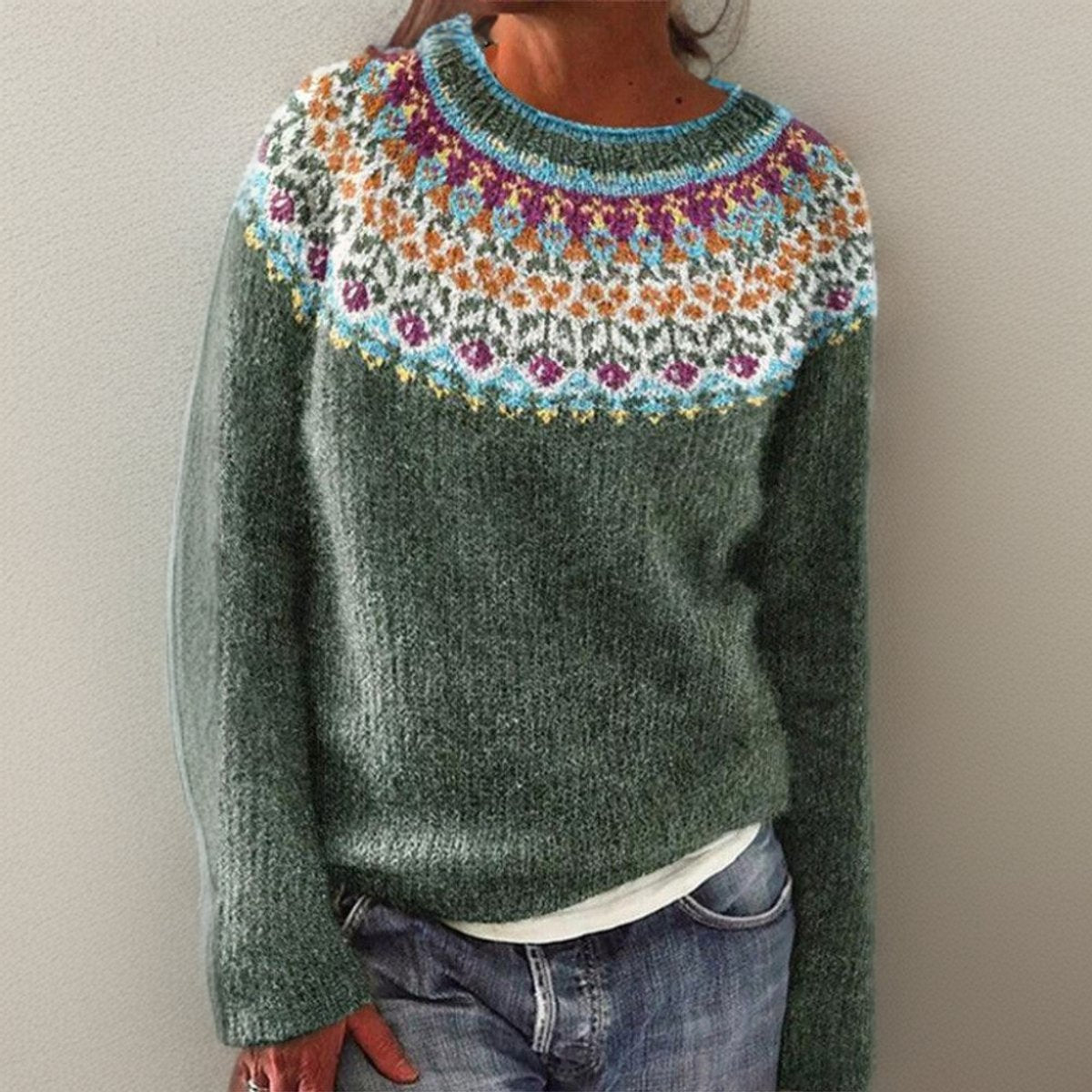 Damen Vintage-Strickpullover mit floralem isländischem Rundpassenmuster