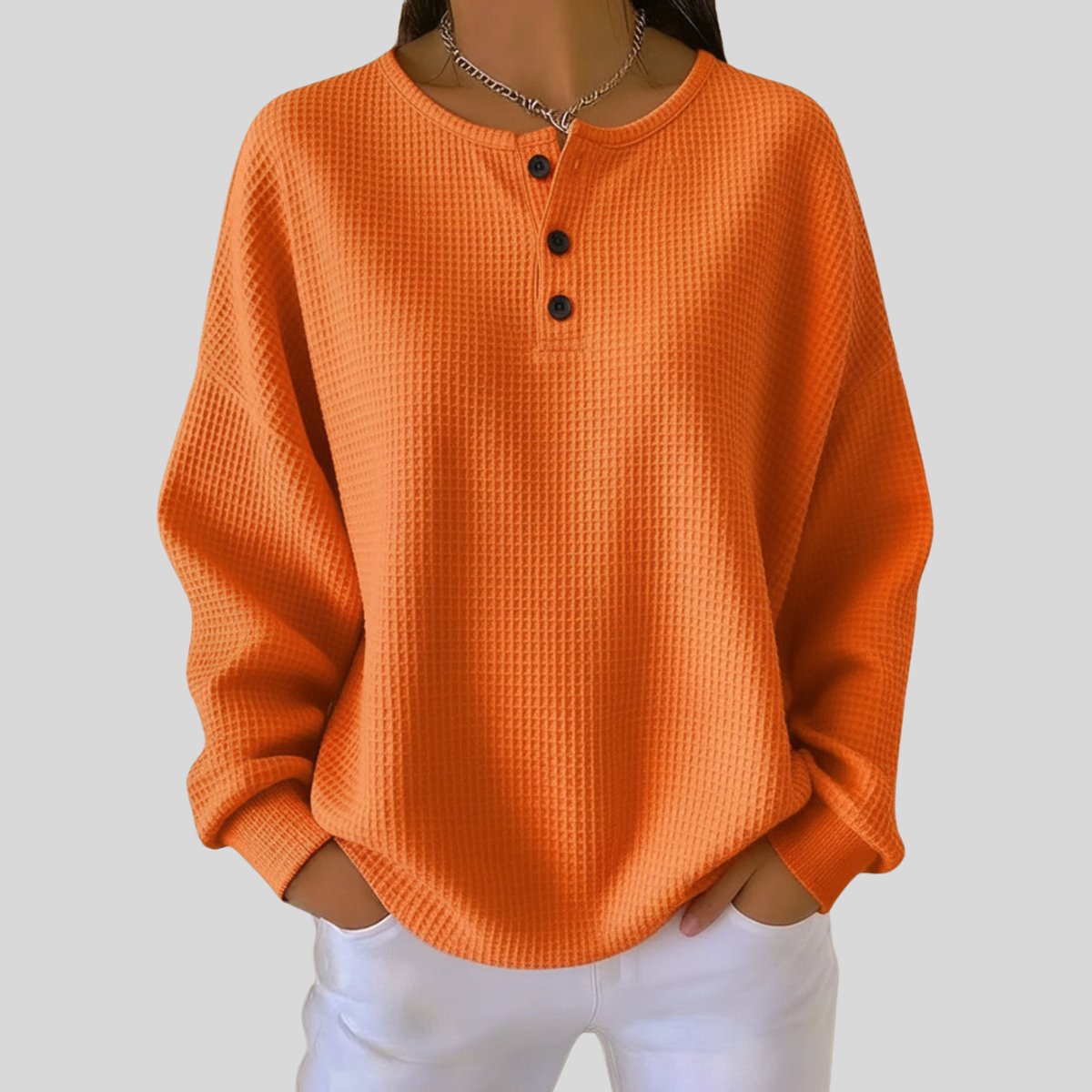 Damen Waffelstrick-Henley-Pullover mit Oversize-Passform und langen Ärmeln