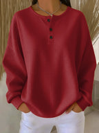 Damen Waffelstrick-Henley-Pullover mit Oversize-Passform und langen Ärmeln