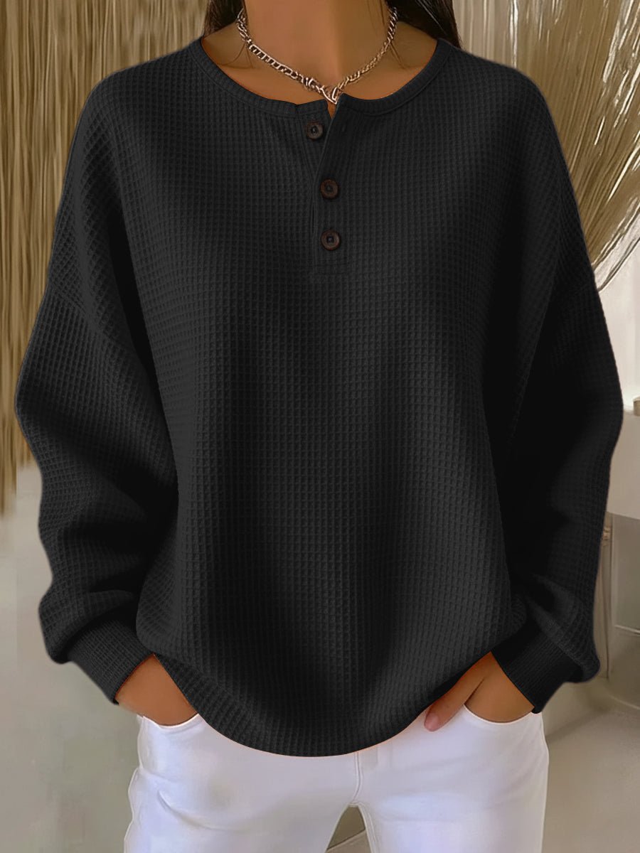 Damen Waffelstrick-Henley-Pullover mit Oversize-Passform und langen Ärmeln
