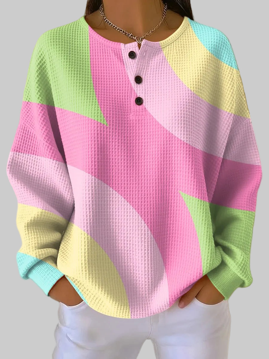 Damen Waffelstrick-Henleypullover mit geometrischem Farbblockmuster