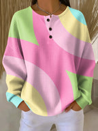 Damen Waffelstrick-Henleypullover mit geometrischem Farbblockmuster