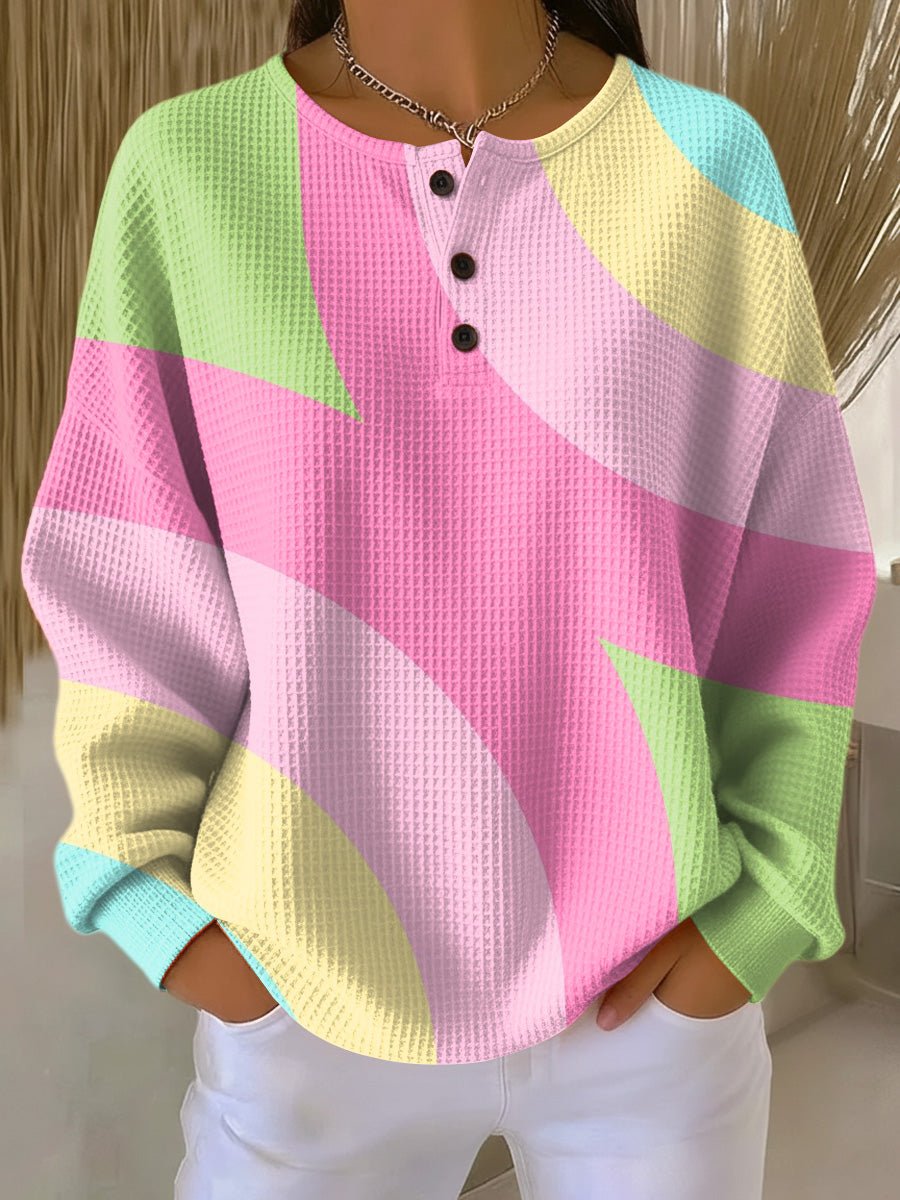 Damen Waffelstrick-Henleypullover mit geometrischem Farbblockmuster