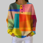 Damen Waffelstrick-Pullover mit Rundhalsausschnitt, Knopfleiste und mehrfarbigem Design