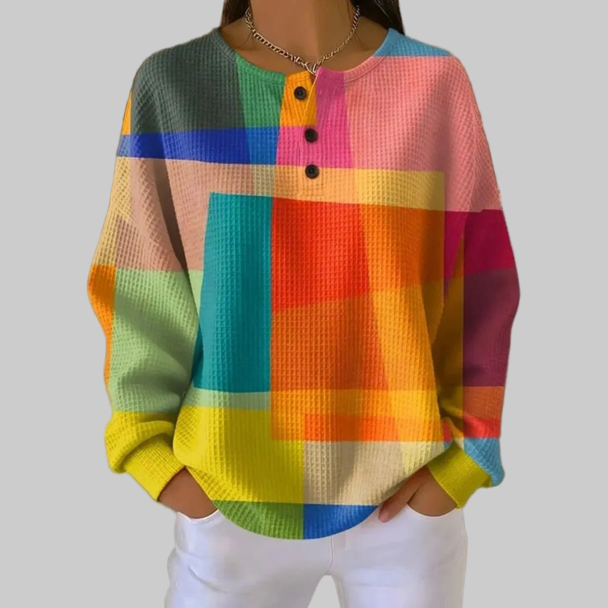 Damen Waffelstrick-Pullover mit Rundhalsausschnitt, Knopfleiste und mehrfarbigem Design