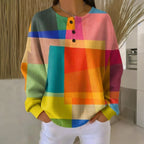 Damen Waffelstrick-Pullover mit Rundhalsausschnitt, Knopfleiste und mehrfarbigem Design