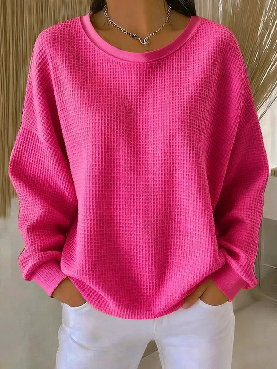Damen Waffelstrick-Oversize-Pullover mit Langarm und Rundhalsausschnitt