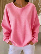 Damen Waffelstrick-Oversize-Pullover mit Langarm und Rundhalsausschnitt