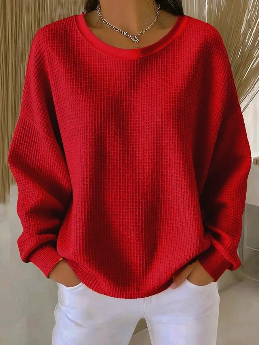 Damen Waffelstrick-Oversize-Pullover mit Langarm und Rundhalsausschnitt