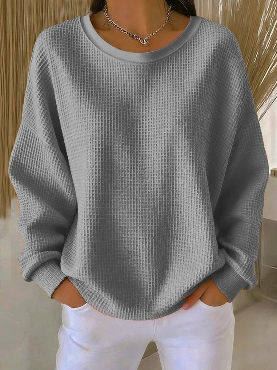 Damen Waffelstrick-Oversize-Pullover mit Langarm und Rundhalsausschnitt