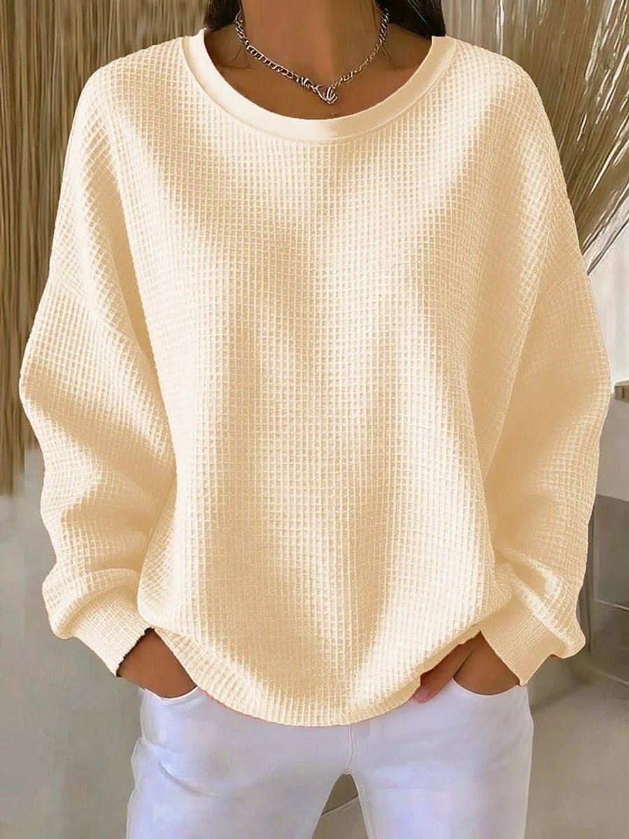 Damen Waffelstrick-Oversize-Pullover mit Langarm und Rundhalsausschnitt