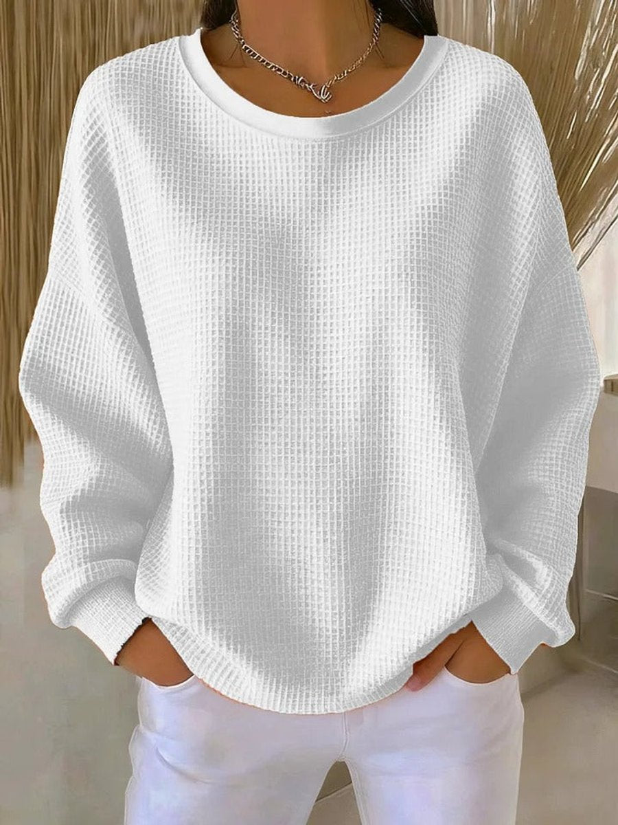 Damen Waffelstrick-Oversize-Pullover mit Langarm und Rundhalsausschnitt
