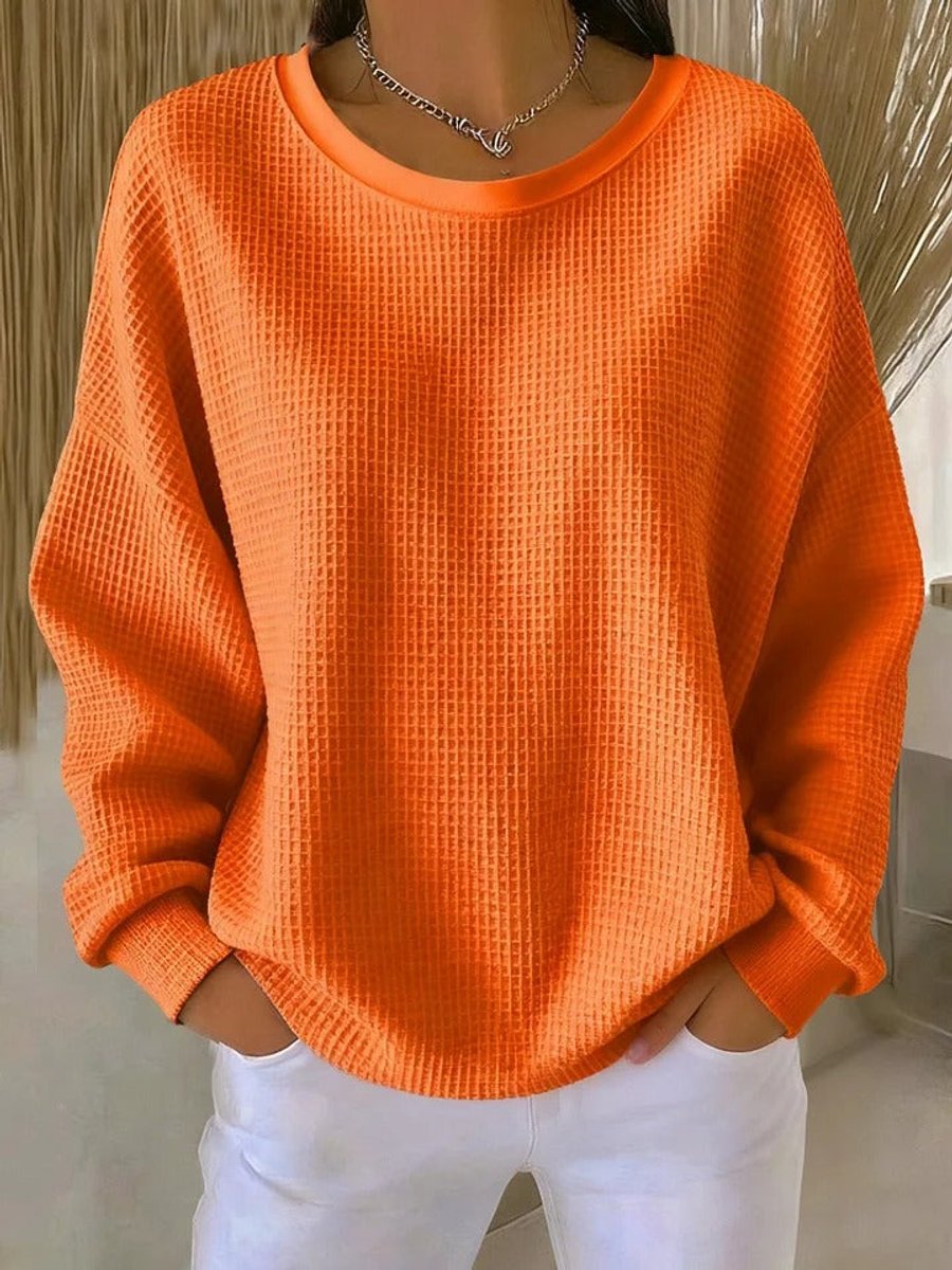 Damen Waffelstrick-Oversize-Pullover mit Langarm und Rundhalsausschnitt