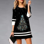 Damen Weihnachtskleid Schwarz mit Rentier-Print – Festliches Winterkleid mit Streifensaum