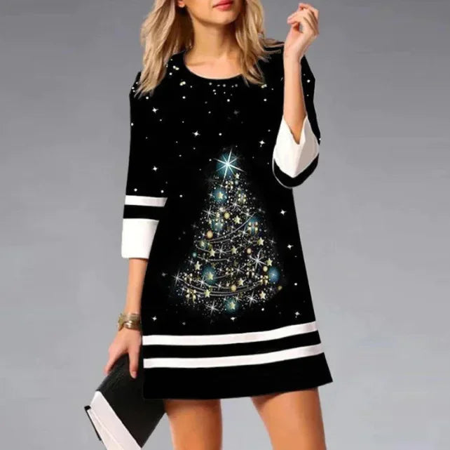 Damen Weihnachtskleid Schwarz mit Rentier-Print – Festliches Winterkleid mit Streifensaum