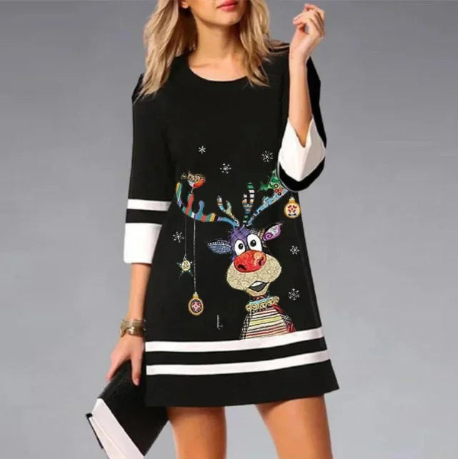 Damen Weihnachtskleid Schwarz mit Rentier-Print – Festliches Winterkleid mit Streifensaum