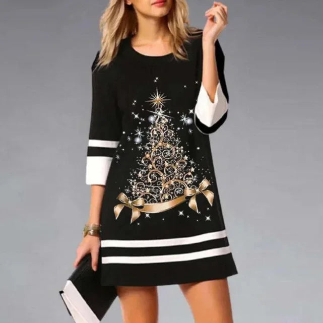 Damen Weihnachtskleid Schwarz mit Rentier-Print – Festliches Winterkleid mit Streifensaum