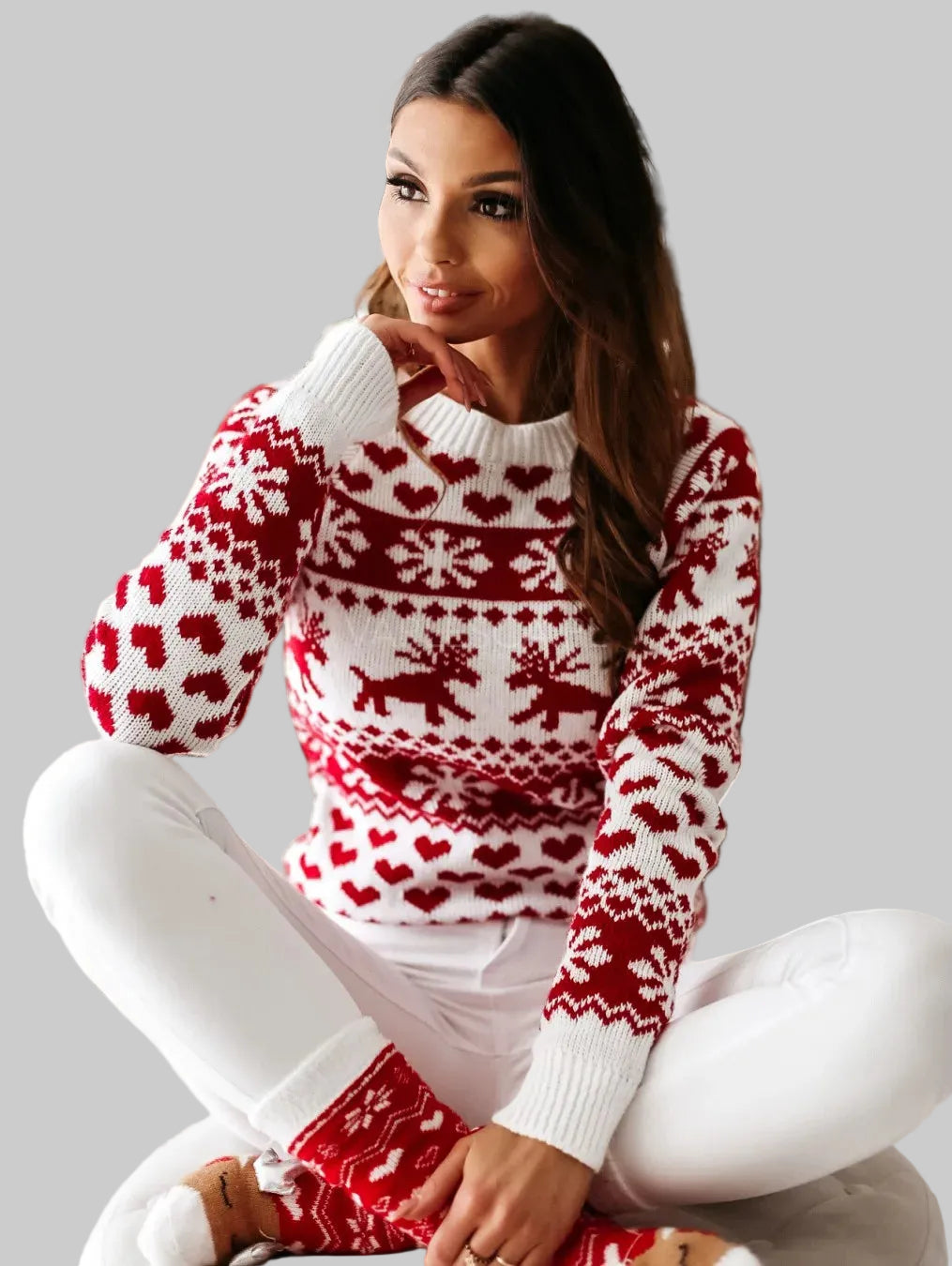 Damen Norweger Weihnachtspullover Rot-Weiß mit Herzen & Rentier – Strickpullover, Winter